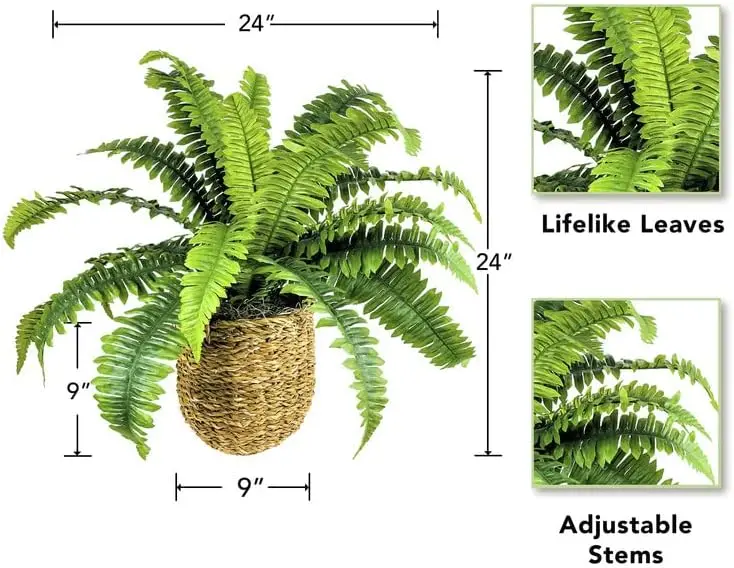 24 Inch Artificial Boston Fern Plant In Woven Basket – Natural Lifelike Foliage – Faux Indoor Plant Or Fake House Plant