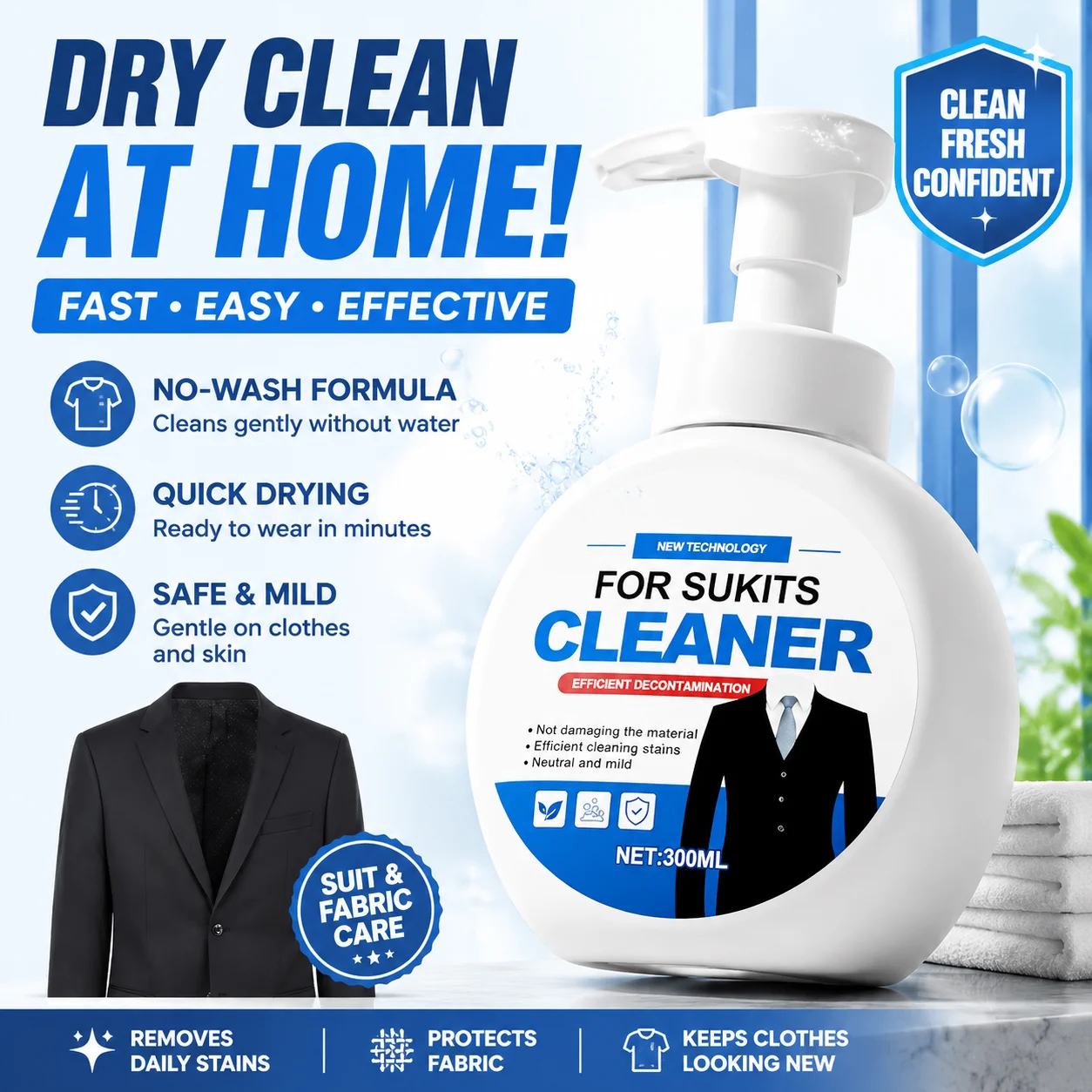 Dry Cleaner for Suits, Waterless Foam Cleaner for Suit Fabrics, a Magic Tool for Removing Stains Oil Stains on Trousers Shirts