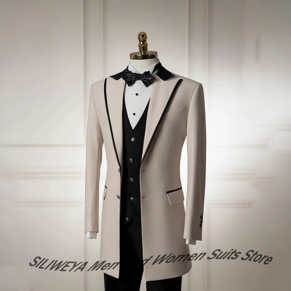 

Autumn New Men's Clothes Contrast Color Trim Tuxedo 3-Piece Suit Set Single Breasted Long Blazer Luxury Evening Prom Party Looks