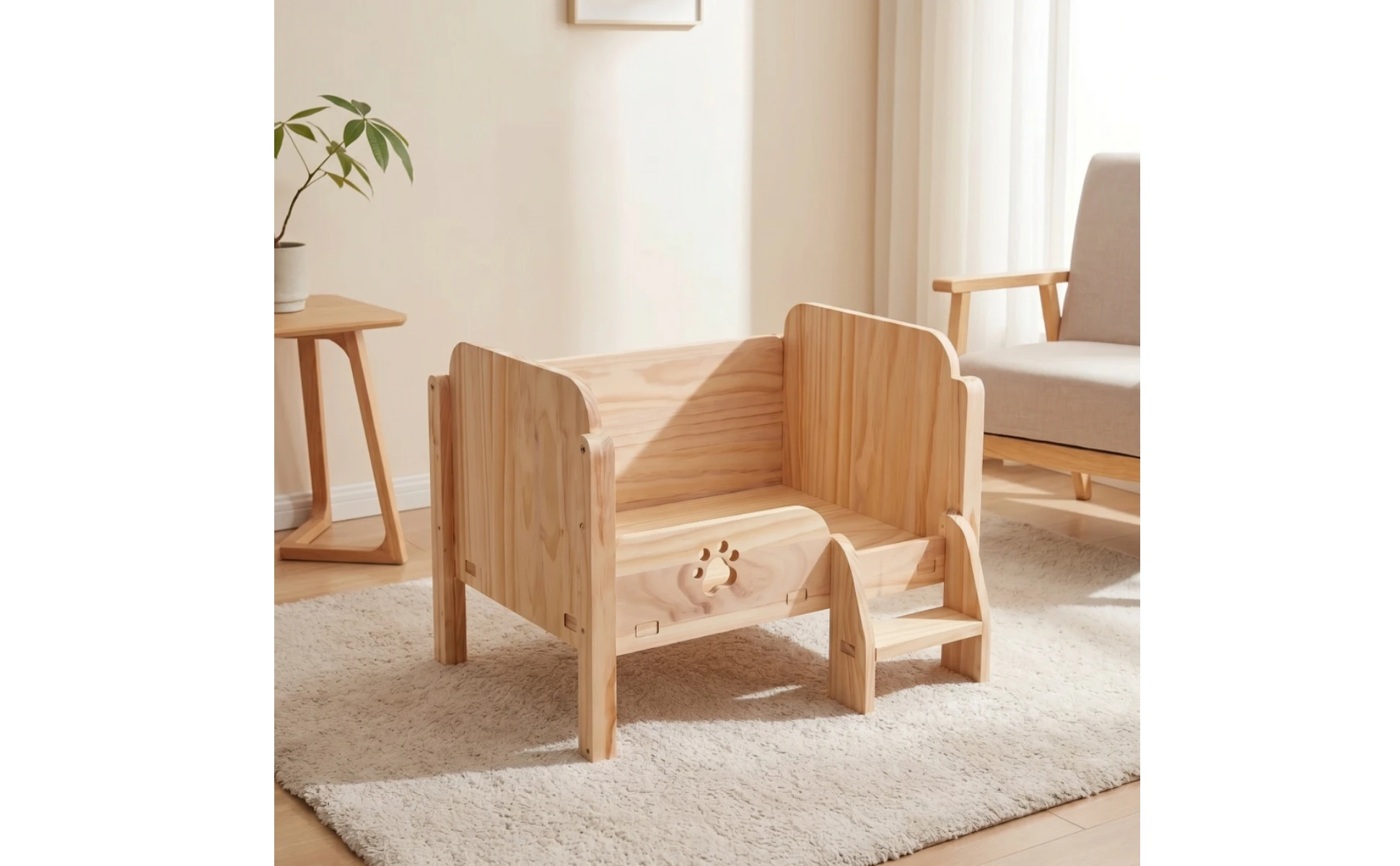 Pet Bed with Step Long-Lasting Wooden Pet Bed Elevated Cat Couch Indoor Furniture Comfortable for Cats, Living Room, Bedroom