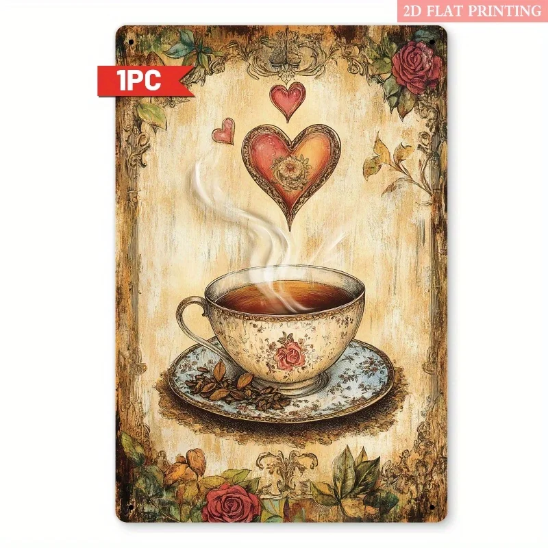 Decoración de Pared Metálica 2D Plana, 1 Pieza, Taza de Café Vintage - Elegante Taza de Té/Café con Rosas y Corazones - Beige/Marrón/Rojo