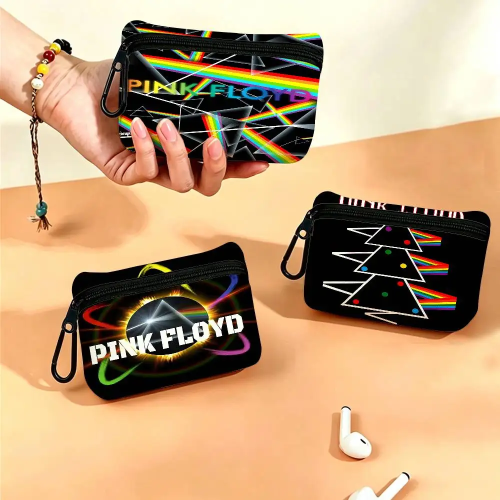 Band P-Pink Floyd Portable Mini Oxford Cloth Coin Purse With Carabiner Hook Zipper Key Card Earphone Storage Wallet