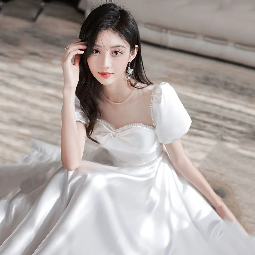 エレガントなフレンチライトのウェディングブライドメイドドレスサテンビーズ通常は女性のための白いドレスを着ることができますカスタマイズされたパーティードレス