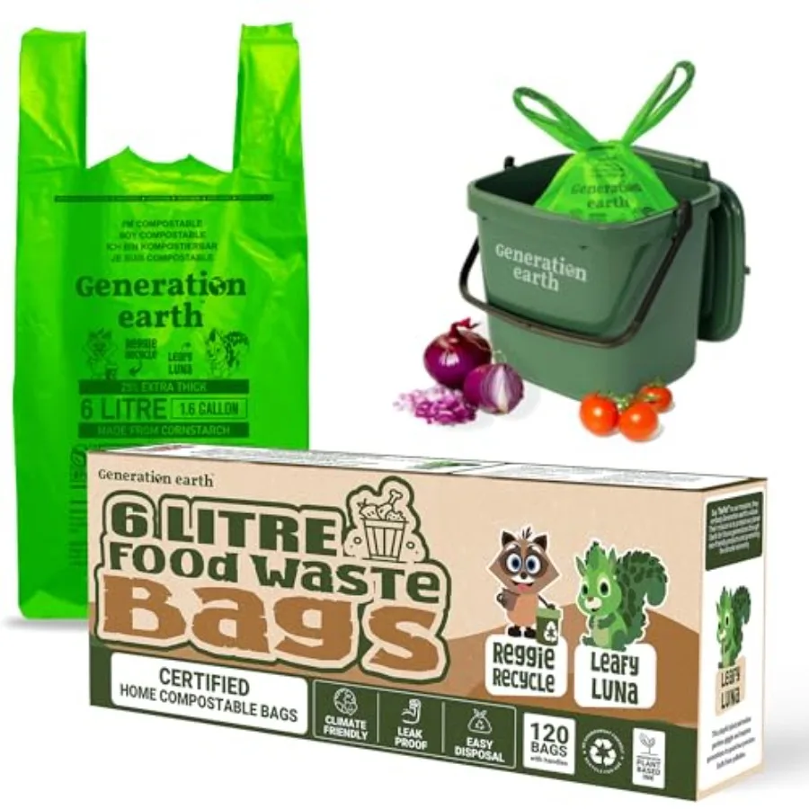 120 Bags 1.6 Gallon 6L Tie Handle Compostable Food Waste Bags BPI Certified Kitchen Countertop Compost Bin Liners Extra Strong