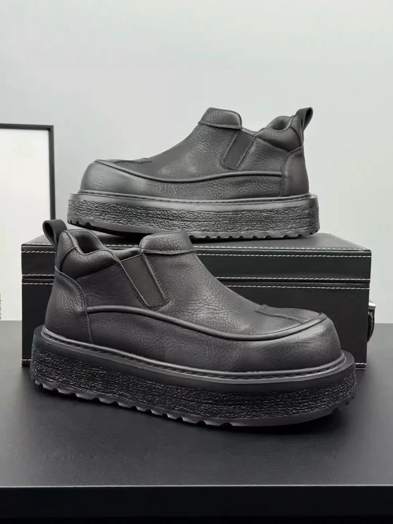 

High-Top Men's Winter Casual Shoes One-Step Black Boots Thick Bottom Heightening Wear-Resistant Retro Style Leather Shoes
