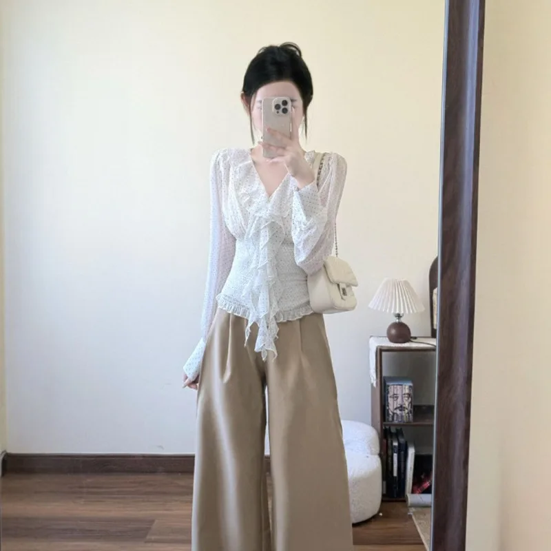 Kimotimo Polka Dot Chiffon Blouse Women 2026 Autumn Ruffled V Neck Slim Folds Waist Crop Top Fairy Sweet Y2k Long Sleeve Blouses
