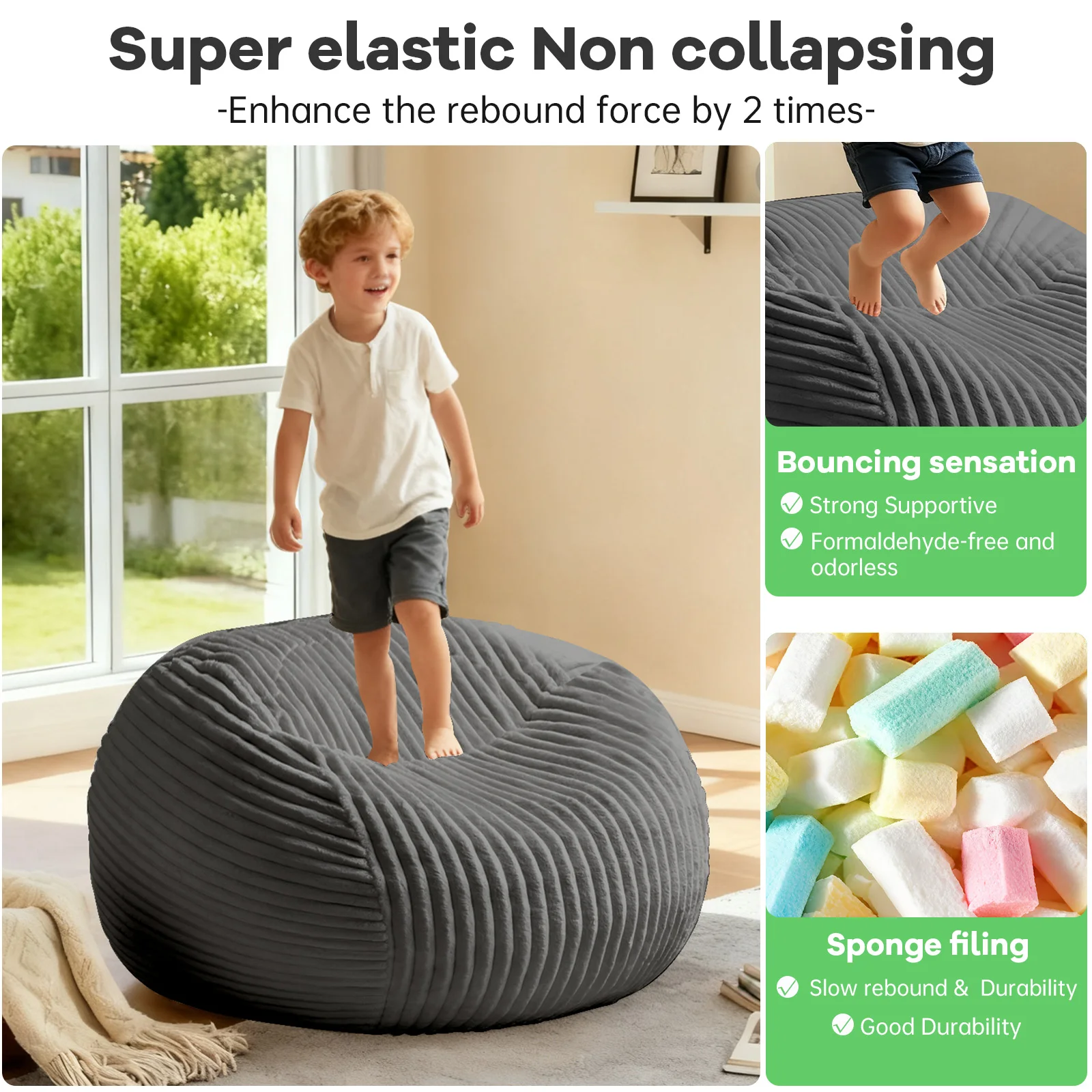 

Adult size dark grey plush bean bag sofa with armrests and foam padding is very comfortable, suitable for reading and relaxing.