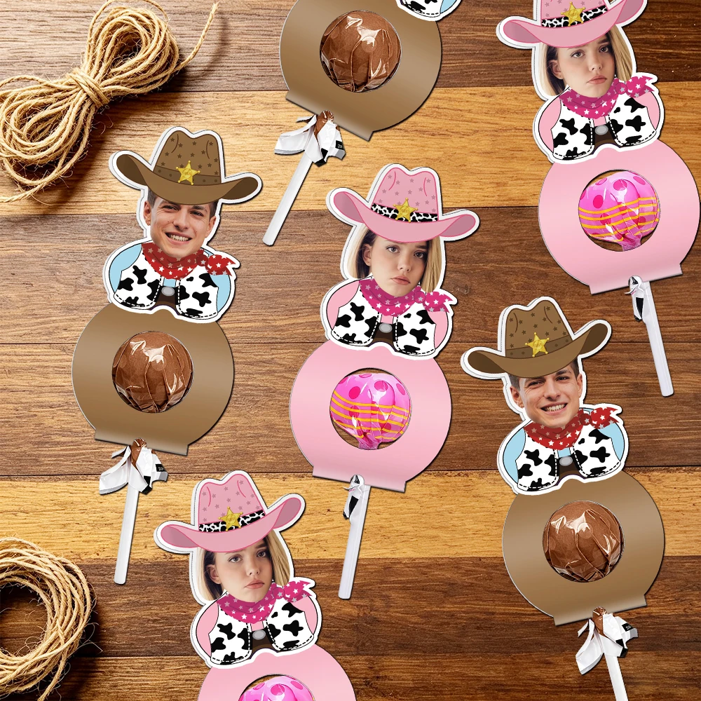 Personalisierter Gesichts-Lollipop-Halter mit Foto, Cowboy-Süßigkeitenkarte, Western-Themen-Party-Gastgeschenke, Geburtstagsdekoration