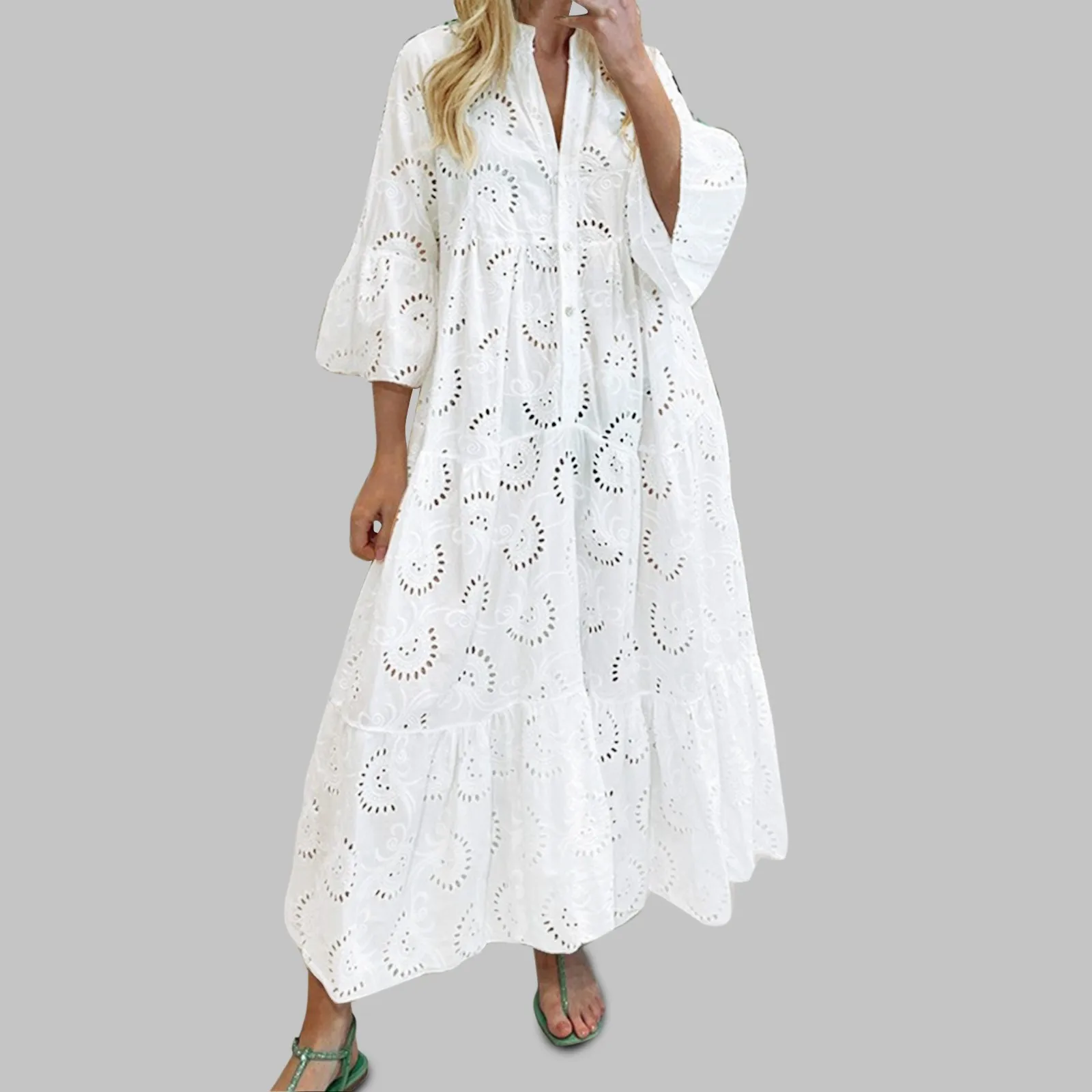 

Hollow Out Party Flare Sleeve Long Dress Women Solid Color V-Neck Elegant Dresses Casual Loose Female Seaside Vacation Robe