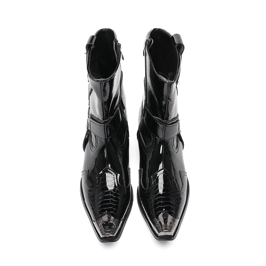 أحذية الشتاء مشبك حزام أشار تو براءات الاختراع والجلود الرجال أحذية بوت قصيرة كبيرة الحجم كاوبوي حذاء من الجلد الذكور أحذية الحفلات الأحذية #6