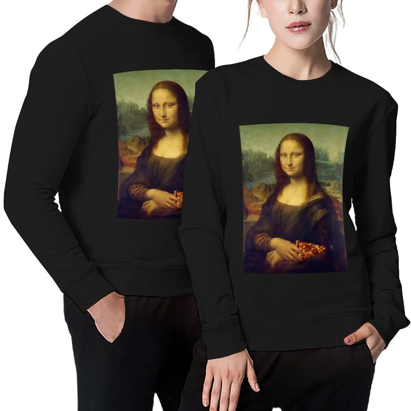

Mona Lisa with a Piece of Pizza Pullover men wear korean autumn clothes men clothes men's winter sweater sweatshirts for men