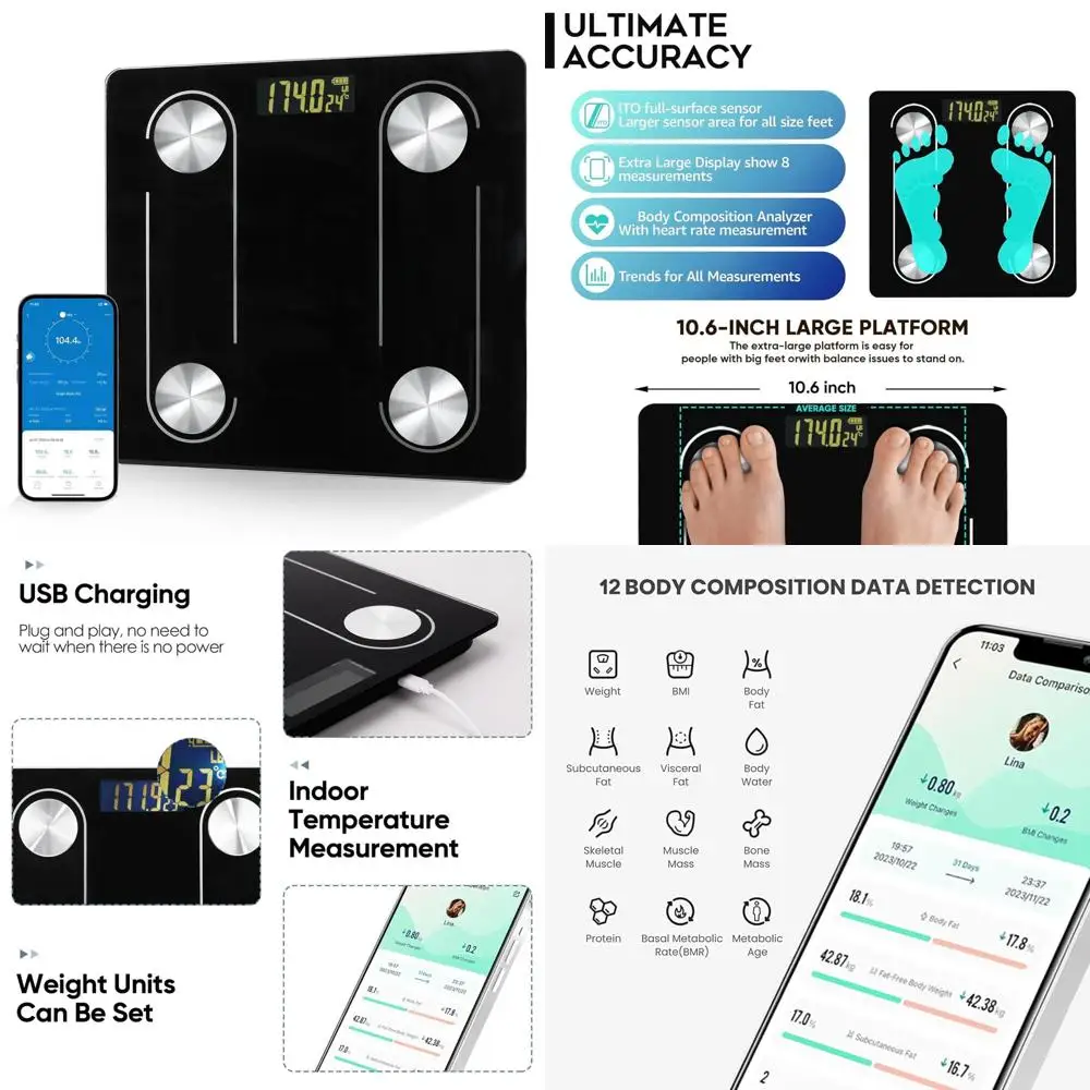 

Smartphone App Compatible LED Display Body Fat Scale for Practical Bathroom Use - Black