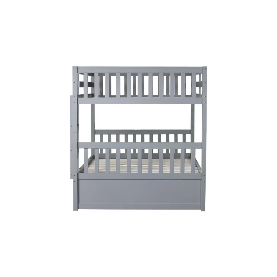 Full Over Full Rubber Wood Bunk Bed with Trundle Ladder and Guardrails Convertible to 2 Full Size Beds with Twin Size Trundle G