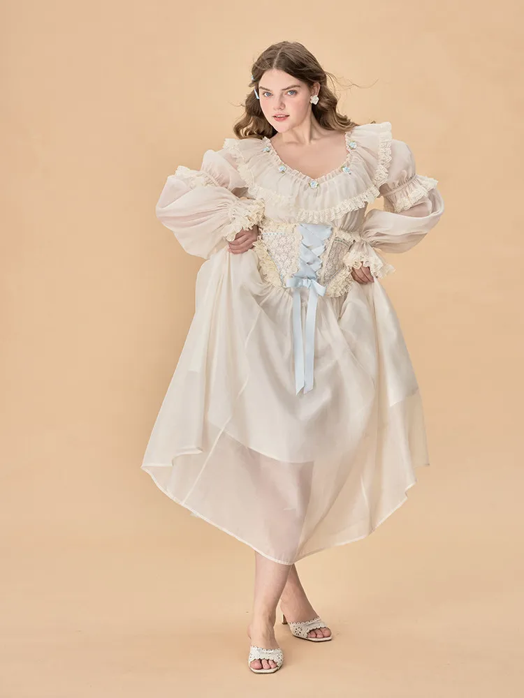 

TIYIHAILEY Autumn Women Dress Full Lantern Sleeve Long Maxi Ladies XL-4XL Vintage High Waist Slash Neck White Lace Up Plus Size