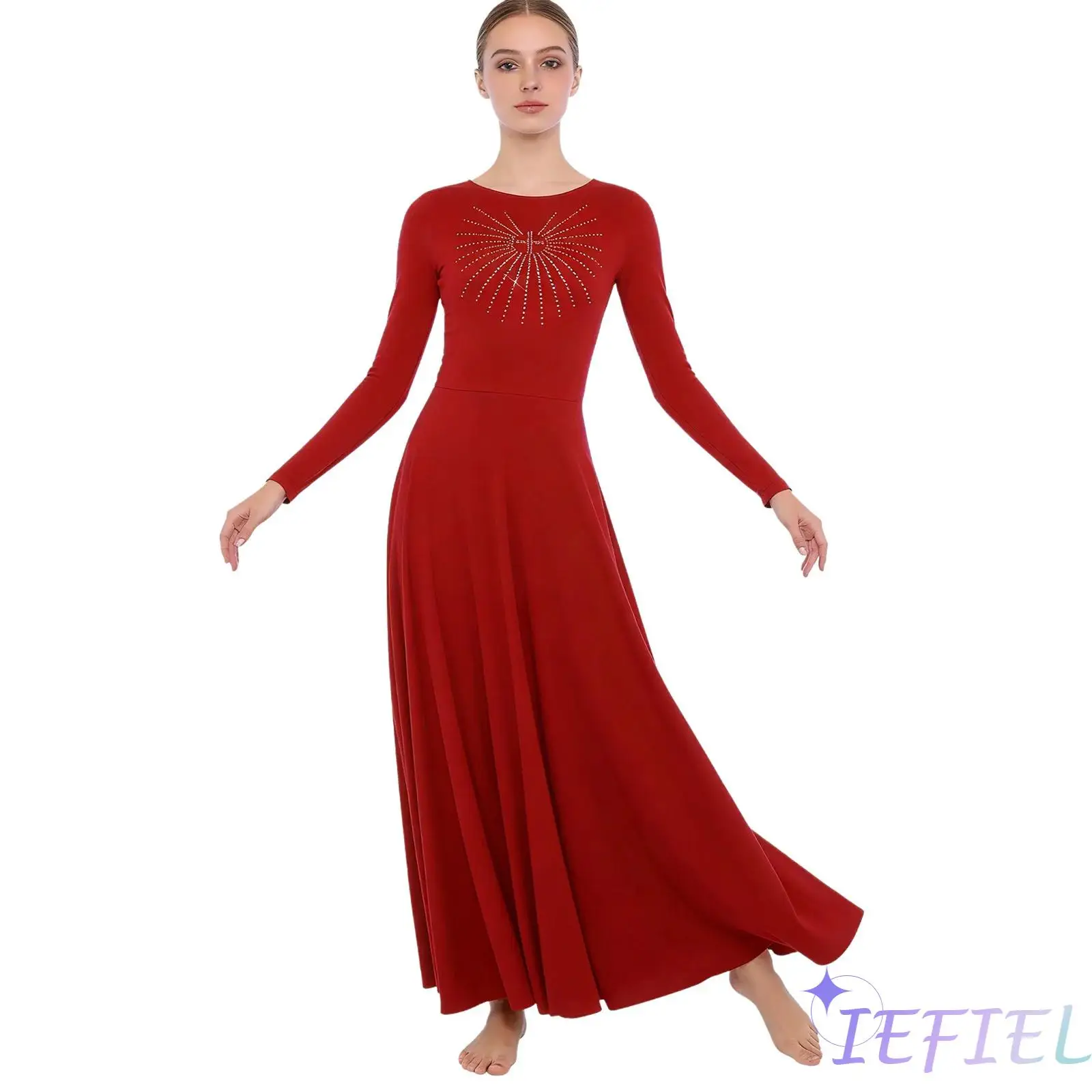 

Womens Praise Dance Outfit Front Rhinestone Detail Long Sleeve Crew Neck A Line Maxi Tunic Church Liturgical Events Dance Dress