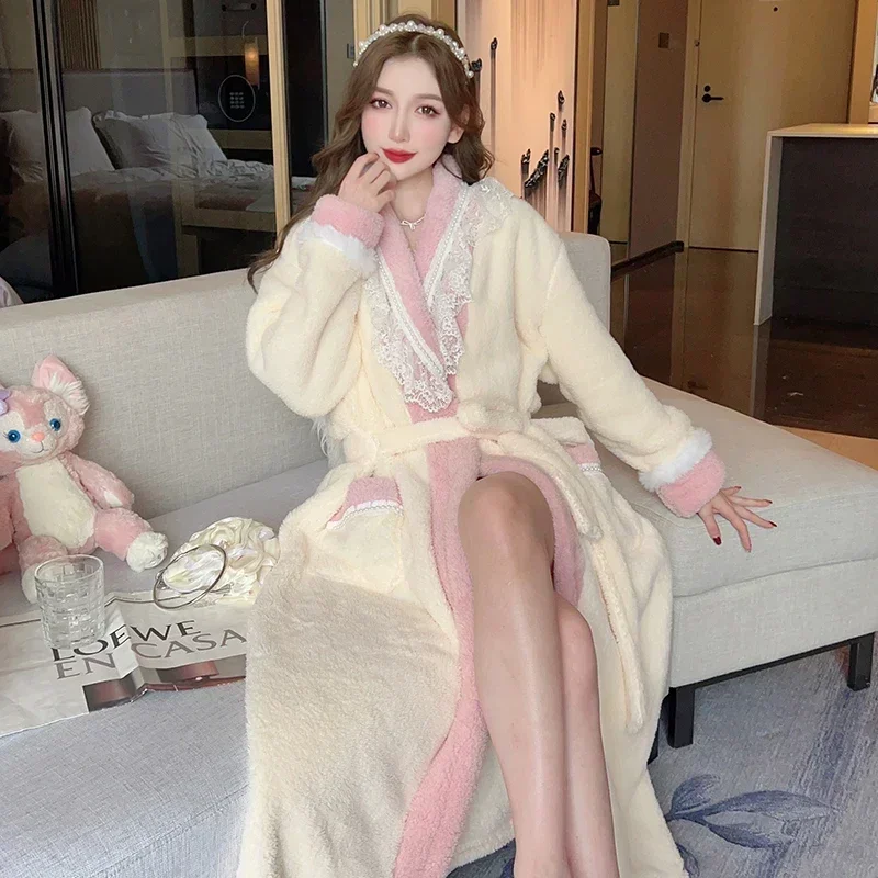 

2025 Winter Long Sleeve Thick Warm Flannel Kimono Robes for Women Korean Cute Lace Coral Fleece Bathrobe Sleepwear Nightdress