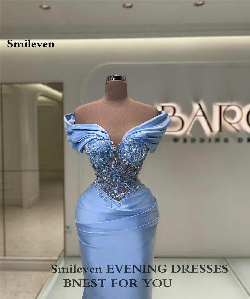 Smileven Abiti da sera a sirena blu cielo con spalle scoperte Abito da ballo con paillettes Arabia Abito da festa moderno con spacco laterale personalizzato