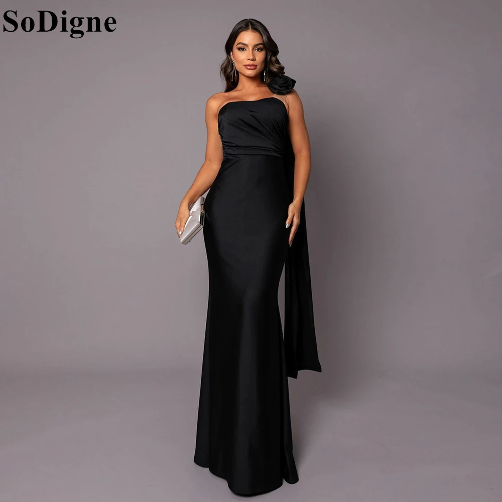 

SoDigne Simple Black Satin Evening Dresses Strapless Mermaid Sleeveless Party Dress 2024 Elegant Formal Prom Gowns for Women