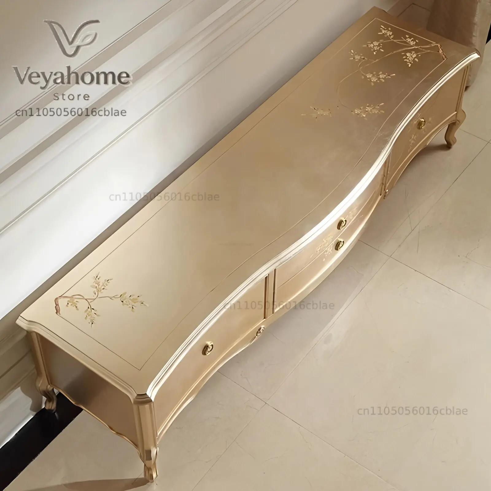 French light luxury solid wood TV cabinet villa high-end custom storage cabinet European palace sticker silver foil