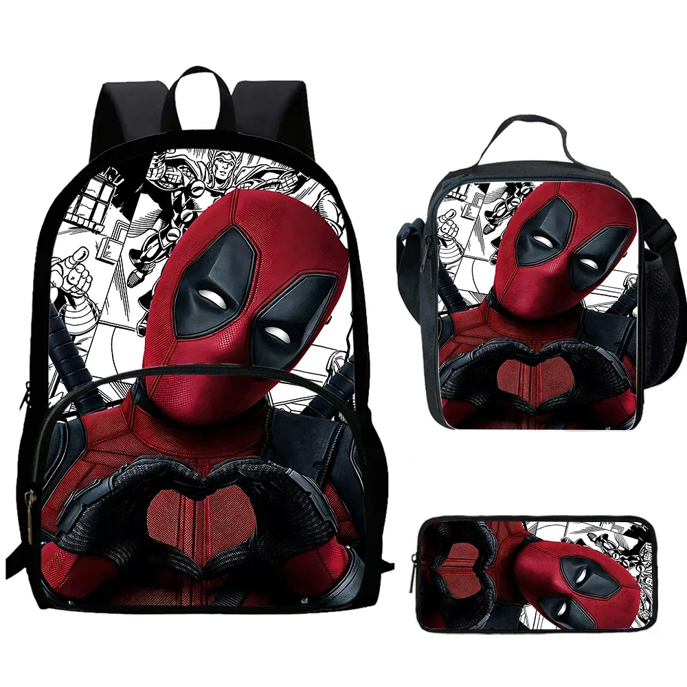 3Pcs Set Cartoon DeadPool School Backpack,Lunch Bags,Pencil Bags Cartoon School Bags for Boys Girls for 4-8 Years Old