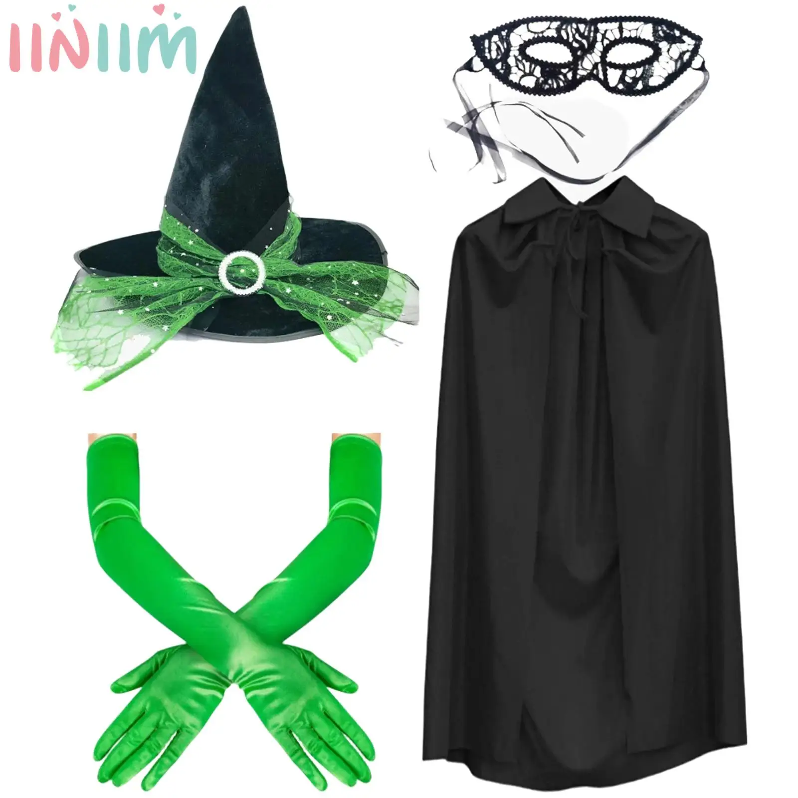 Costume da strega di Halloween Accessori cosplay femminili da donna Mantello da strega con cappello completo con guanti lunghi Maschere per feste a tema