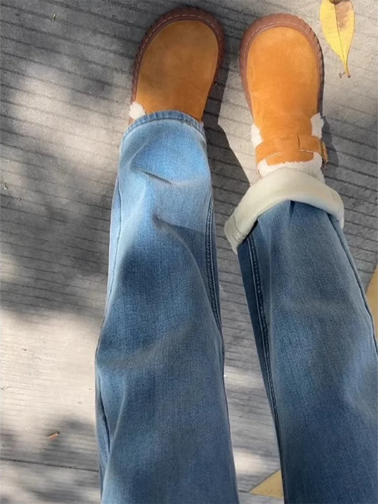 

Retro Fleece Lined Thick Straight Leg Denim Jeans Women's plus Size High Waist Slimming Wide Leg Pants Casual Wear