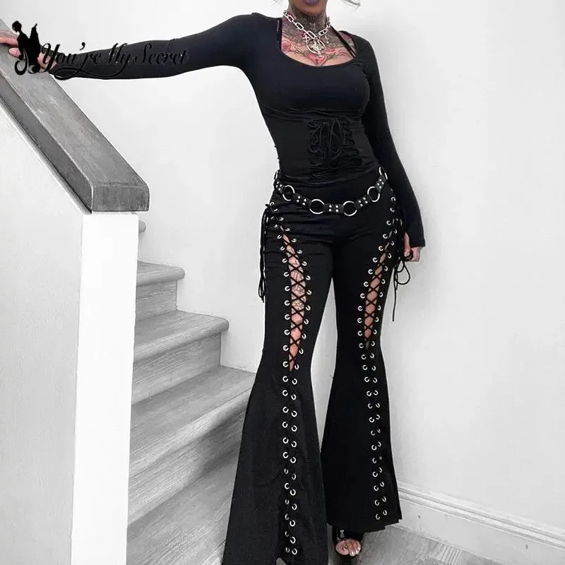 

COSda@[You're My Secret] 2025 New Dark Street Trendy Chicken Eyes with Strap Flare Pants - Non Woven Women Pants Goth Y2K Bell-