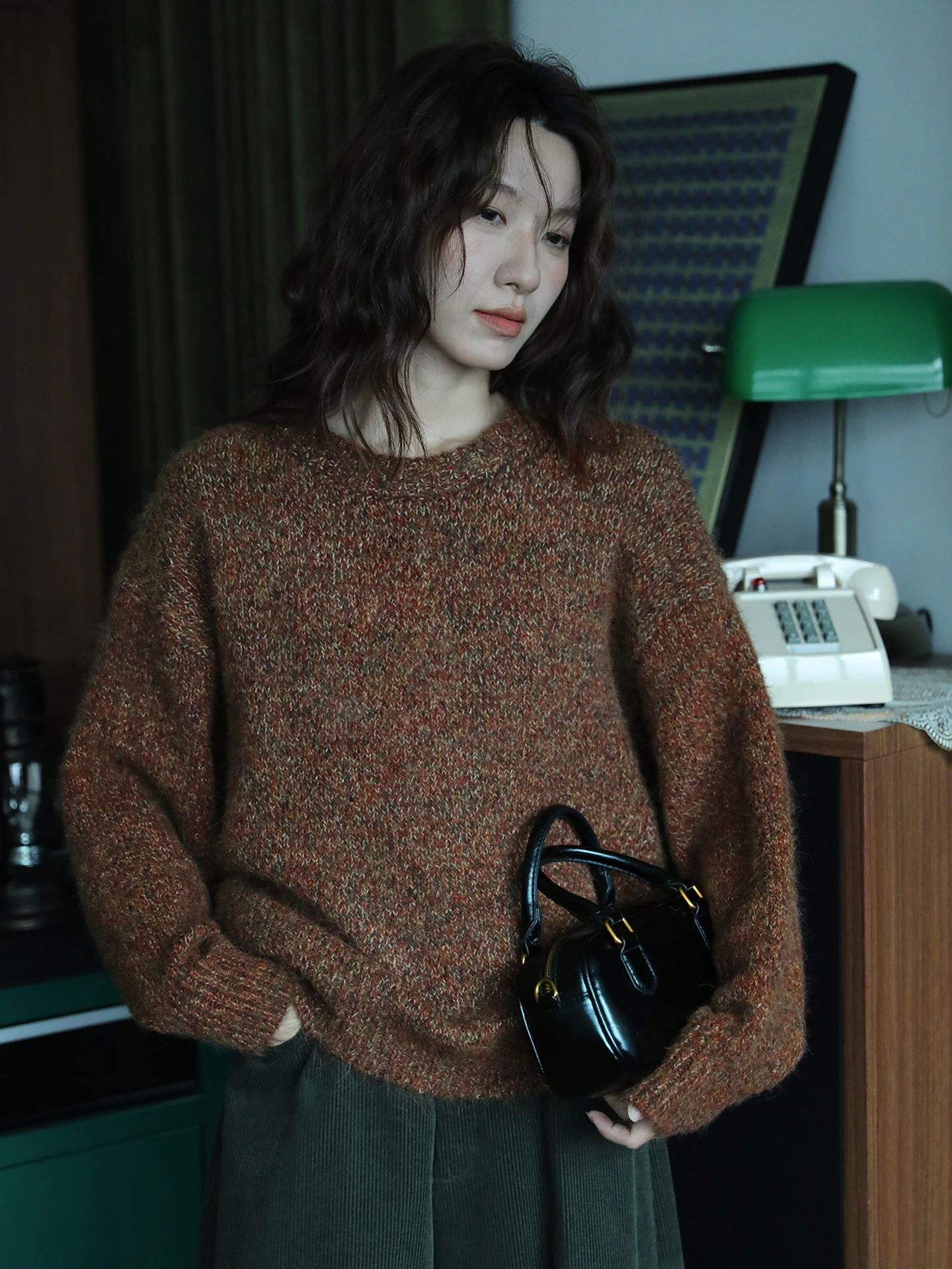 

Вязаный свитер с цветочным принтом в стиле ретро, женский свободный круглый вязаный свитер Ne, модный трикотаж оверсайз, полиэстер, вискоза, спандекс