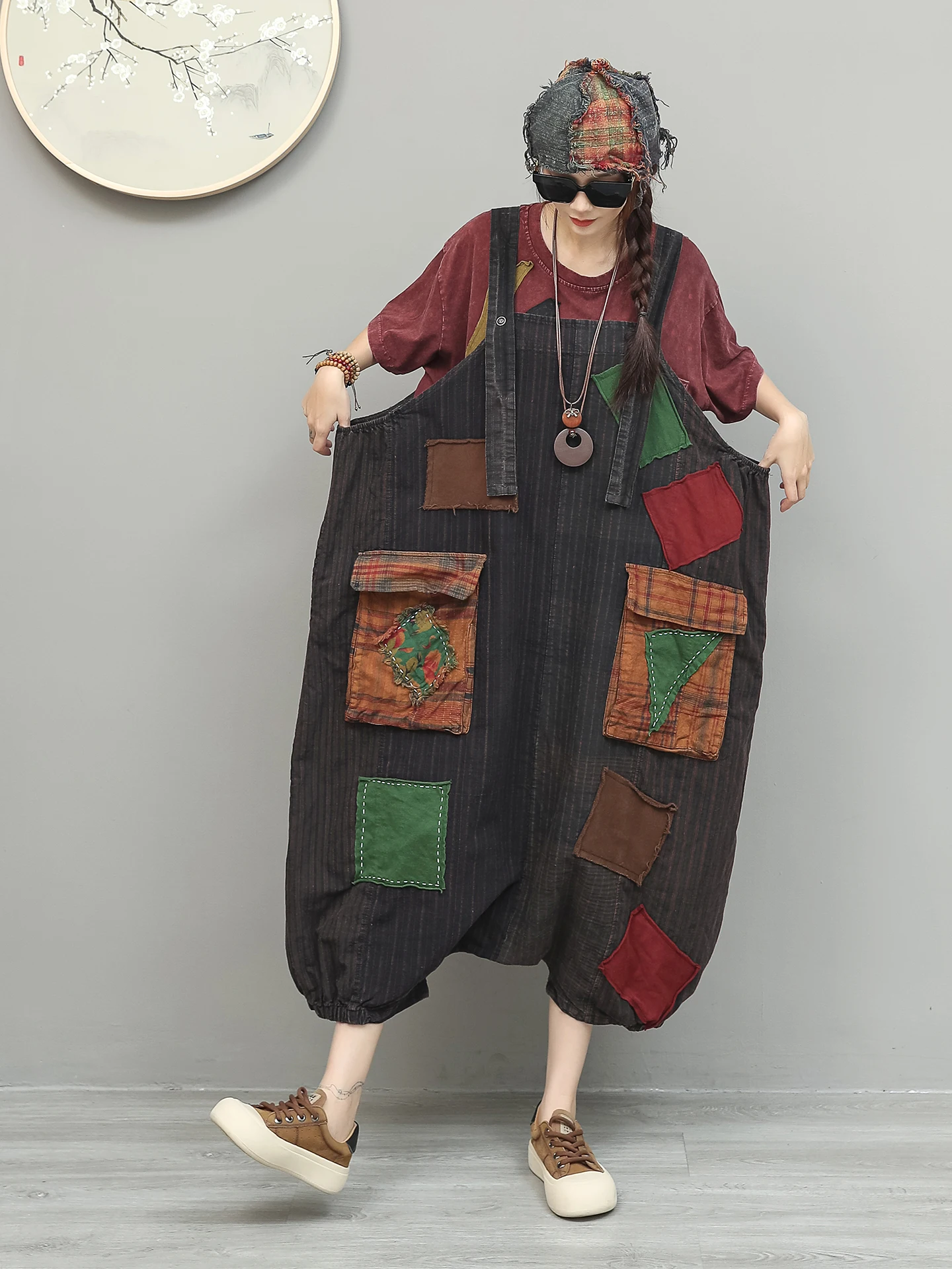 Unique Niche Style Distressed Vintage Fabric Patchwork Overalls Women High-waist Loose Sleeveless Jumpsuit ZXY090 - Image 4
