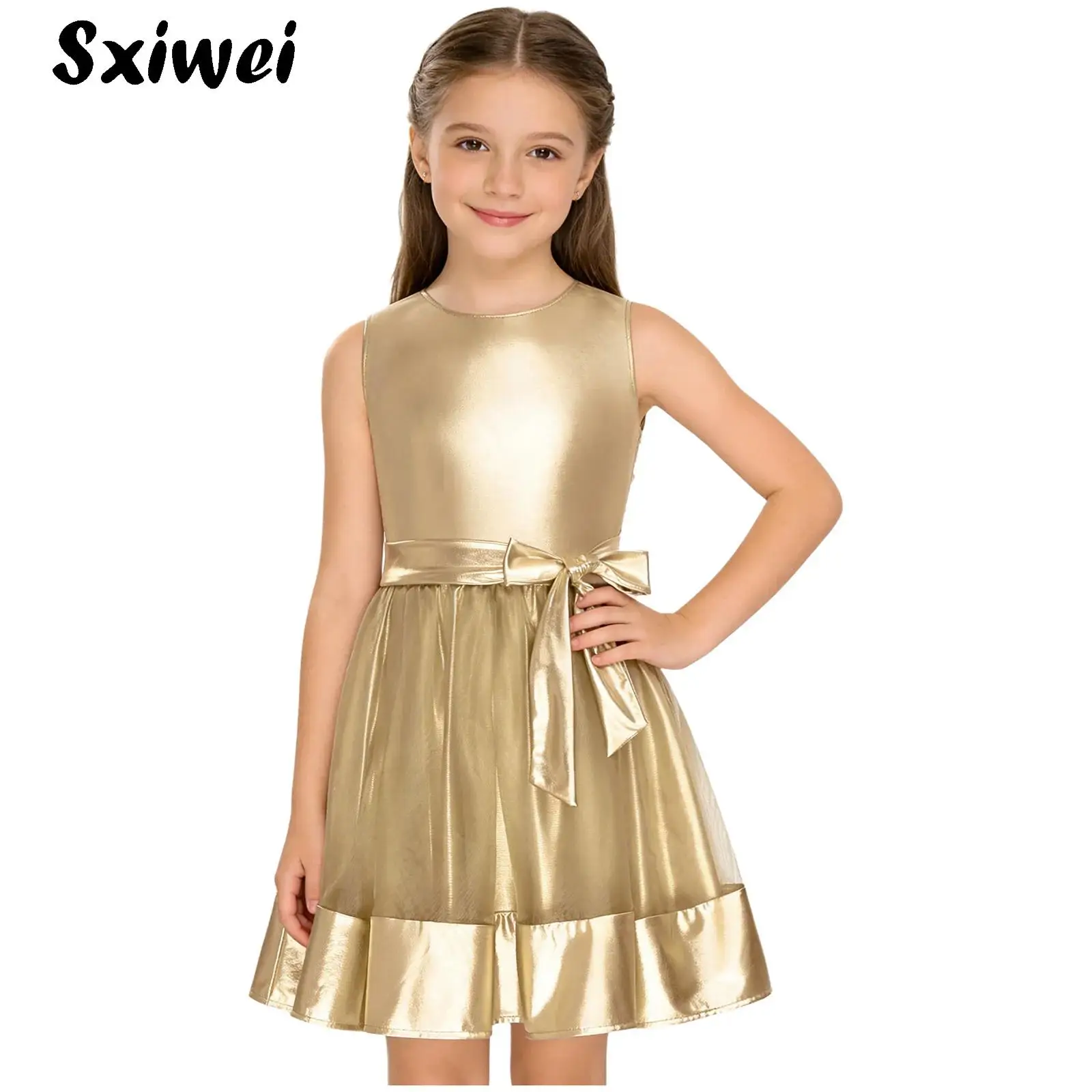 

Princess Shiny Metallic Dress for Kids Girls Birthday Pageant Wedding Party Gown Sash Sheer Mesh Sleeveless A-line Tank Dresses
