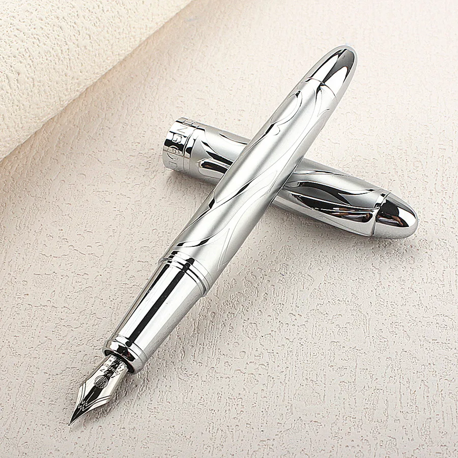 HongDian Printing Stainless Steel Fountain Pen Fine Nib Retro Silver Student Office Practice Supply Writing Pens Stationery Gift