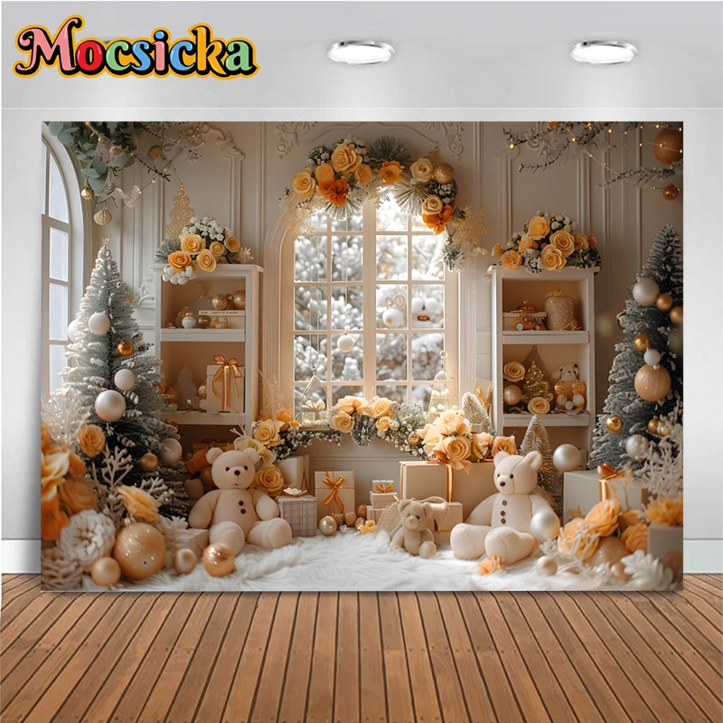 Christmas Home Decoration Photo Backdrop Yellow Flower Bear Tree Baby Shooting Props Birthday Photography Background Photobooth