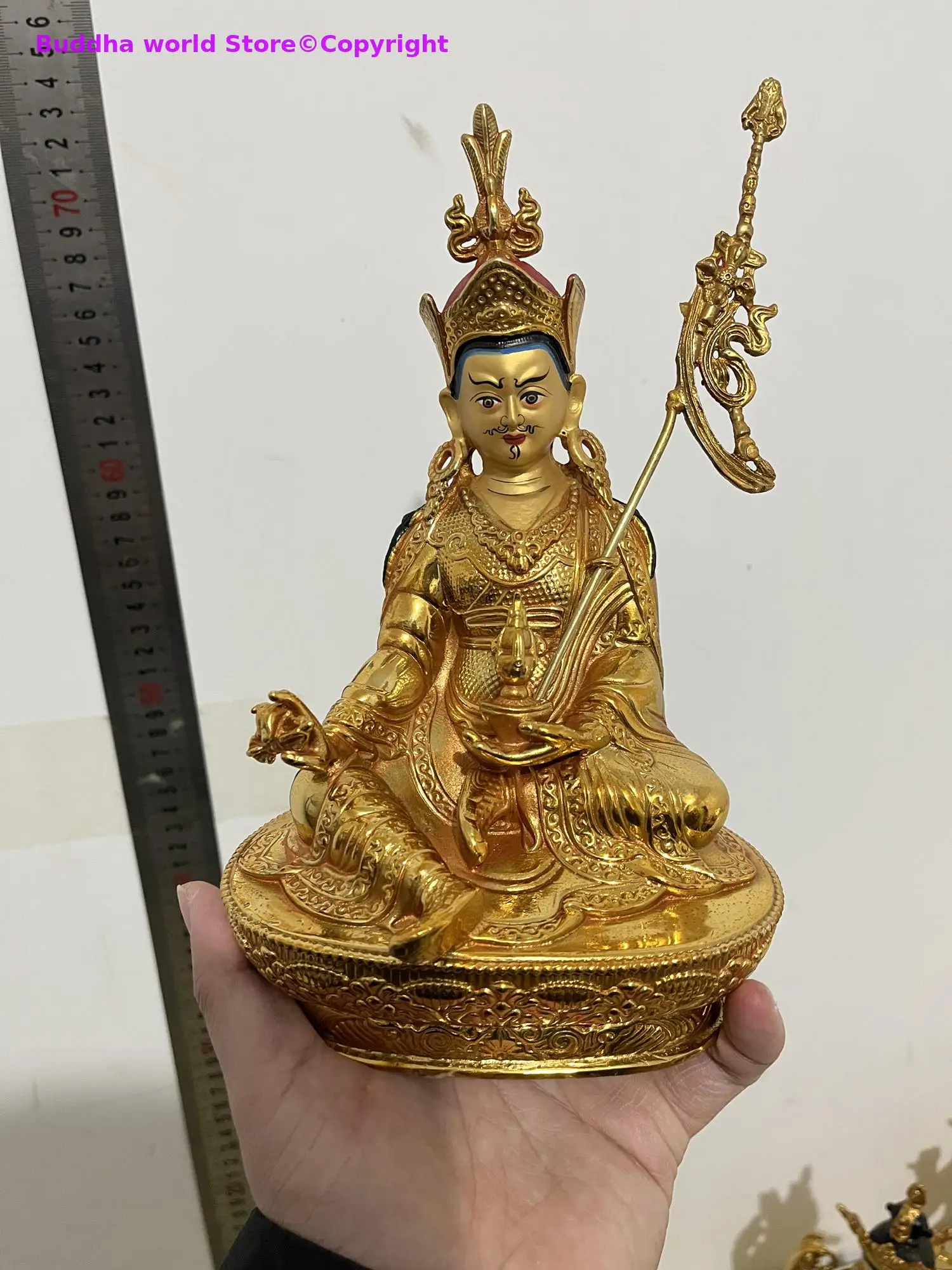 

50% OFF Wholesale Buddhism Padmakara Guru Rinpoche buddha HOME Temple Worship Family protection gilding COPPER Buddha statue