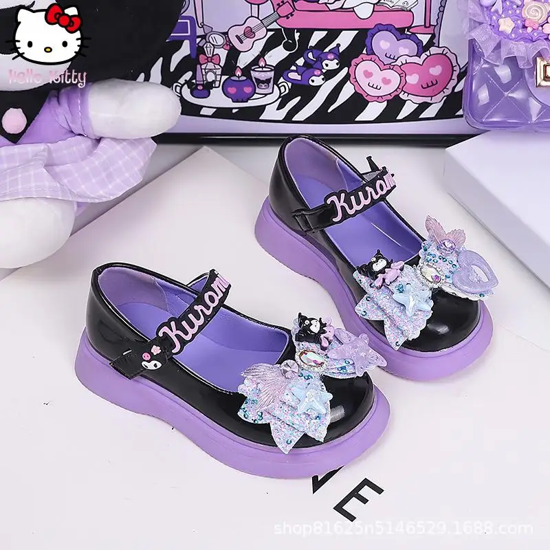 

Hello Kitty Kuromi Girls Bow Black Leather Shoes Anime Cartoon Spring and Autumn New Kawaii Single Shoes Sanrio Princess Shoes