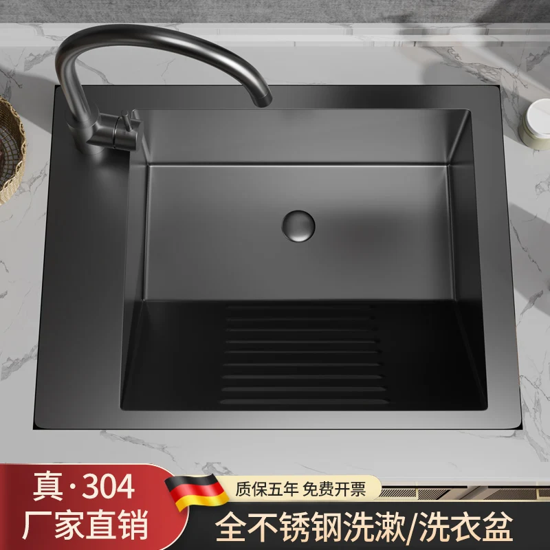 

Черная балконная раковина для стирки из нержавеющей стали с доской для натирания, ручная раковина для стирки, уличный умывальник с одним слотом под столешницей