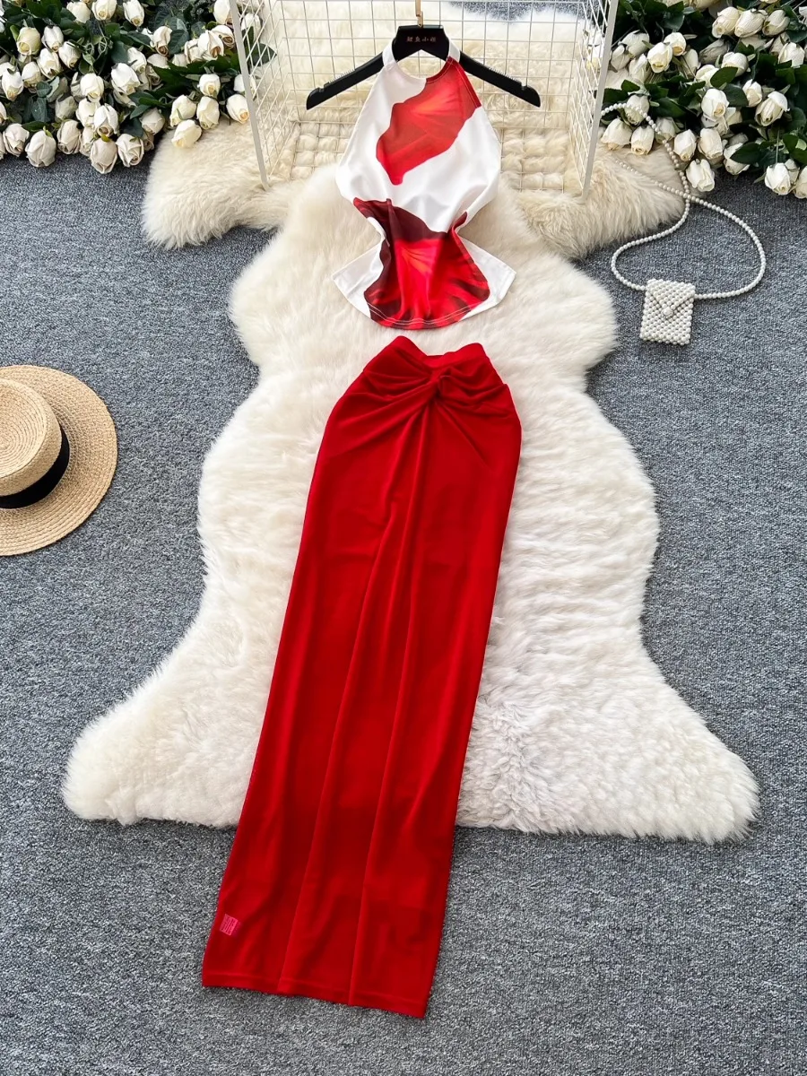 

Foamlina Sexy Halter Cutout Backless Printed Top Women's Summer Twisted High Waist Bodycon Skirt 2 Piece Set for Women Holiday