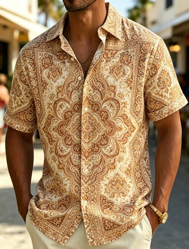 Men's Ornate Bohemian Floral Print Casual Shirt, Breathable Top For Summer Vacation Party Travel And Daily Wear