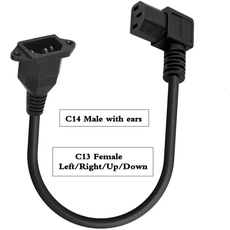 0.3m Household Power Cord 0.75 ² Copper Core Extension Cord IEC320 Pin C14 Male Head with Ear to Pin C13 Female Head 90 ° Bend