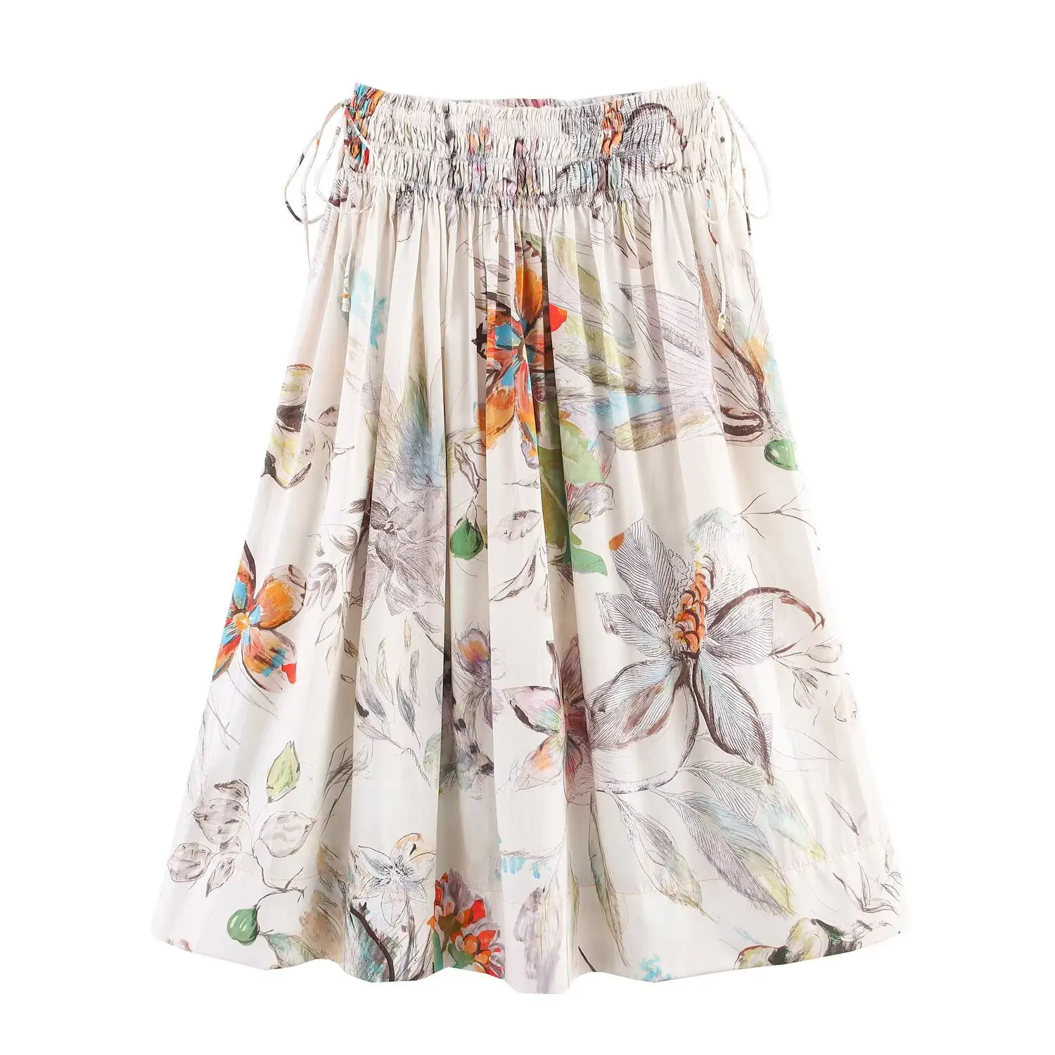 Women's Retro Casual Elegant Loose Large Hem Midi Printed Skirt Elastic Waistband Drawstring Beach Vacation Skirt