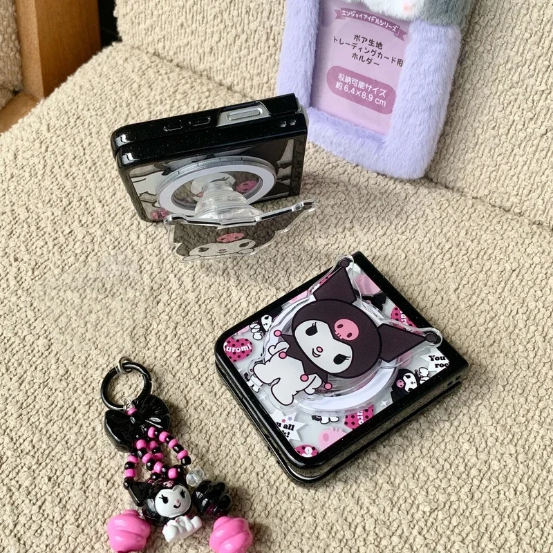 Cute Cartoon Sanrio Kuromi Magnetic Grip Holder Magsafe Wireless Charge Phone Case For Samsung Galaxy Z Flip 6 5 Hard Cover