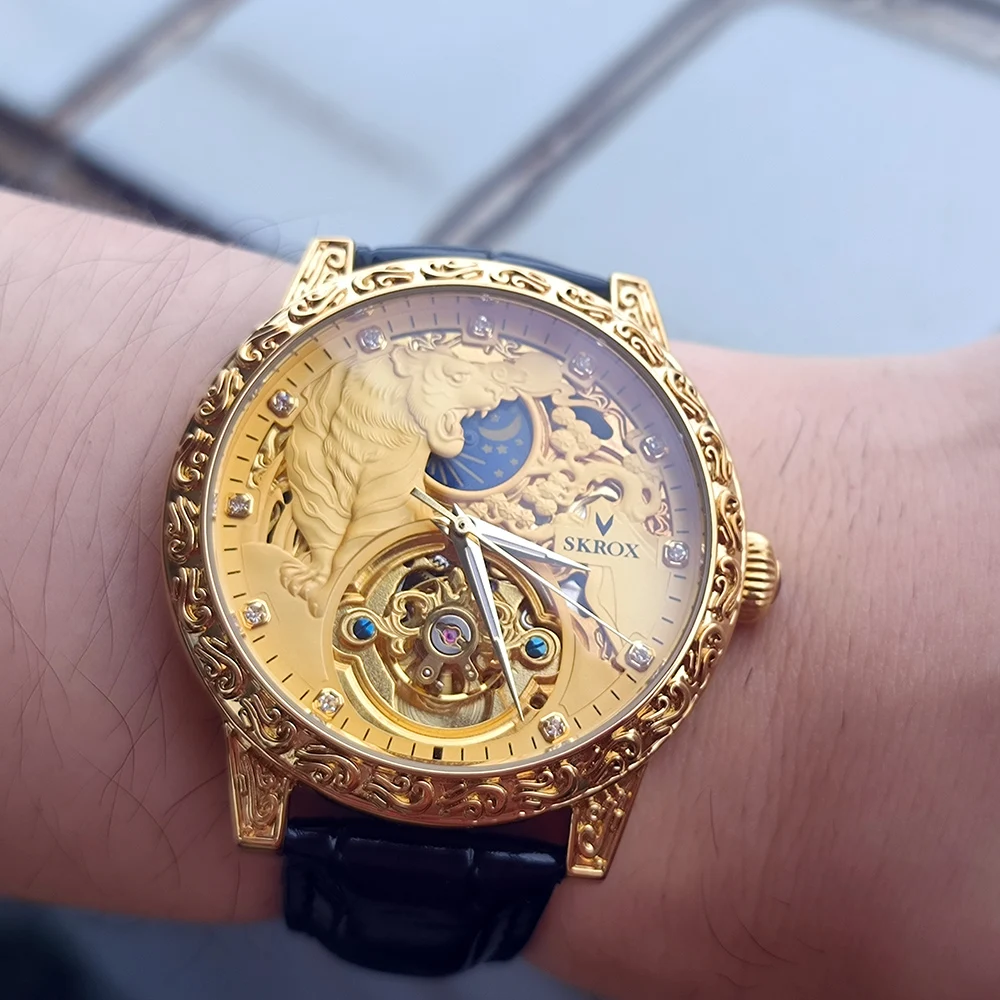 Skrox high-end luxo ouro diamante tigre relógio masculino elegante moonphase tourbillon movimento automático mecânico masculino relógio