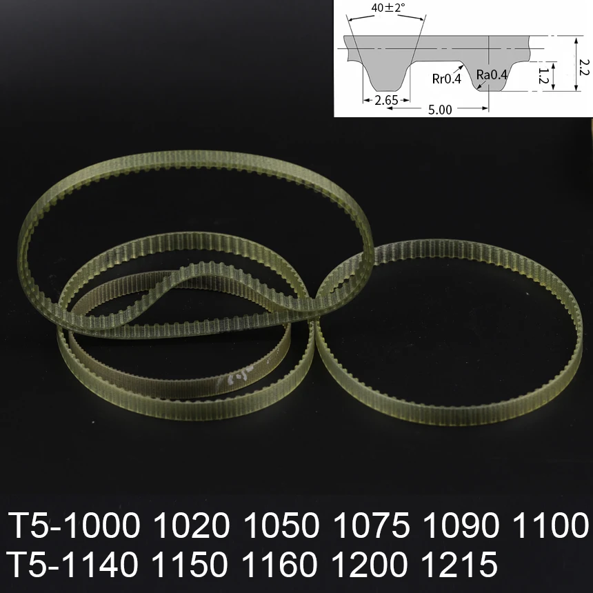 T5-1000 1020 1050 1075 1090 1100 1140 1150 1160 1200 1215 5mm Pitch T5 PU Steel Wire Trapezoidal Cogged Synchronous Timing Belt