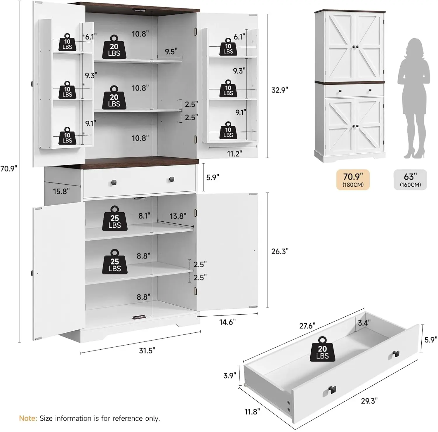 Pantry with 6 Door Shelves & Drawer, Wood Pantry Storage Cabinet with 2 Adjustable Shelves & 4 Barn Doors, Freestanding Cupboard