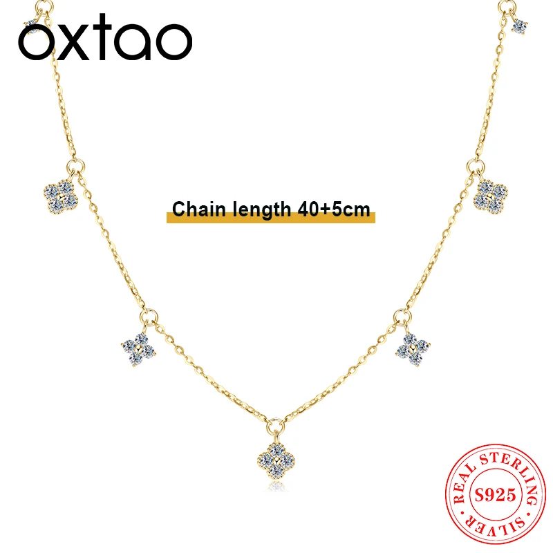 

OXTAO оригинальные женские ожерелья из серебра 925 пробы с муассанитом и цветком четыре клевера с сертификатом, золотая цепочка на ключицы 14 карат, ювелирные изделия 2025