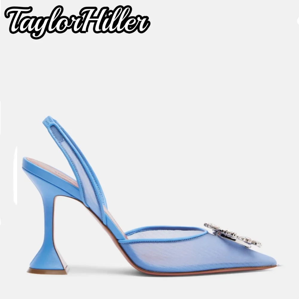 Silver Crystal Slingback Heeled Sandals Shallow Pointy Toe Blue Spike Heel High Heels Solid Mesh Spring Summer 2026 New Shoes - view 2