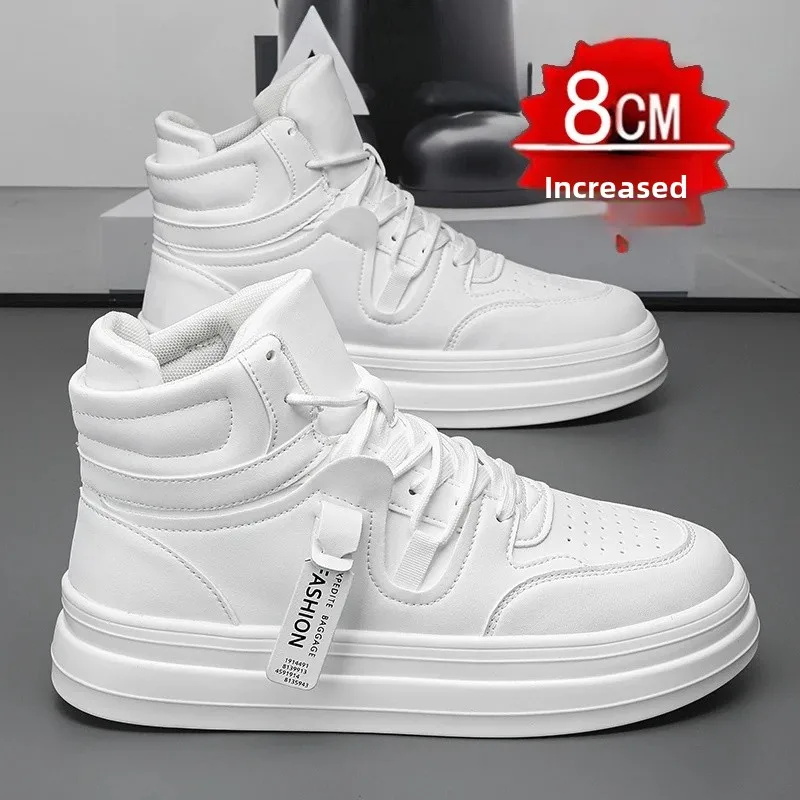 New Autumn/Winter Men's Casual Sneakers 12cm Increased Height 10cm Thick Sole White Shoes High Top Rubber Base Male Footwear