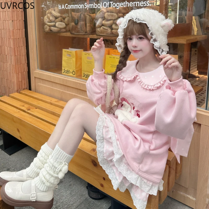 Japanese Kawaii Lolita Hoodies Women Sweet Cartoon Lamb Embroidery Fashion Pullovers Y2k Aesthetic Casual Loose Bow Sweatshirts