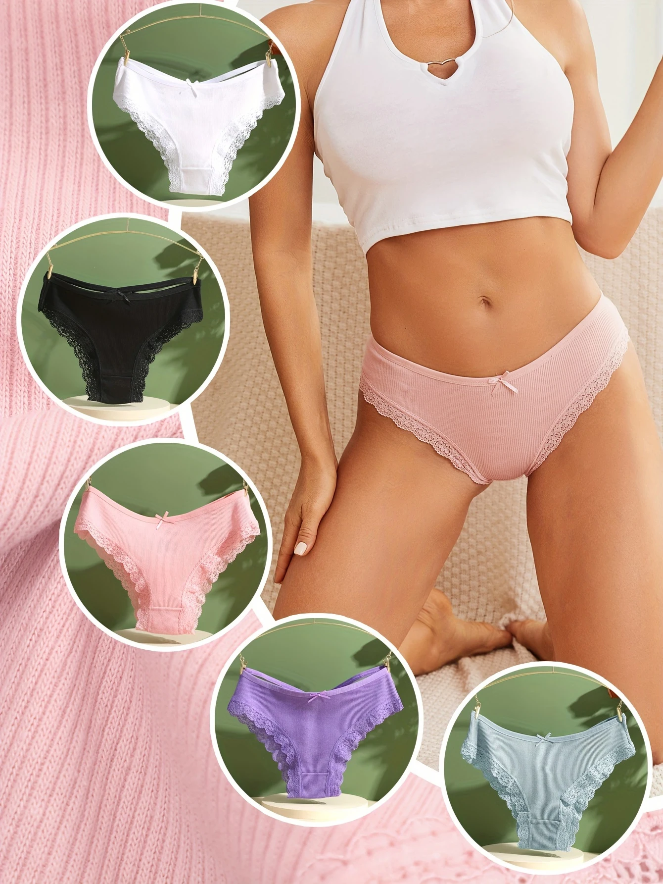 5PCS Women\'s Cotton Briefs Sexy Lace Underpant Hollow Brazilian Panties Comfortable Underwear Lingerie S-XL Solid Color Lingerie