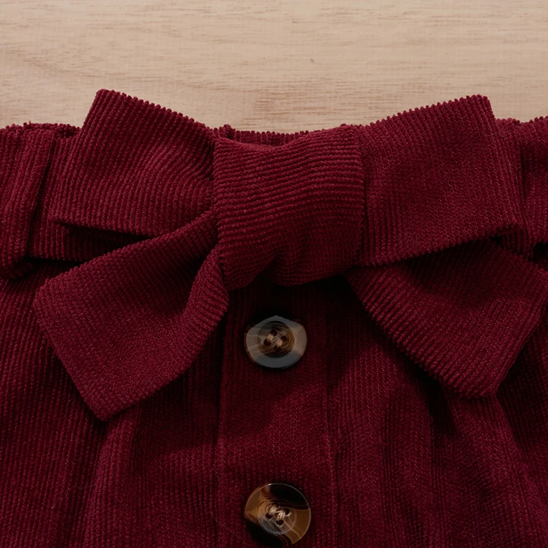 0-4T Toddler Girl Winter 2Pcs Outfit Ruffle Knitted Blouse Pullover Top Corduroy Button Front Short Mini Skirt Set Kid Clothes
