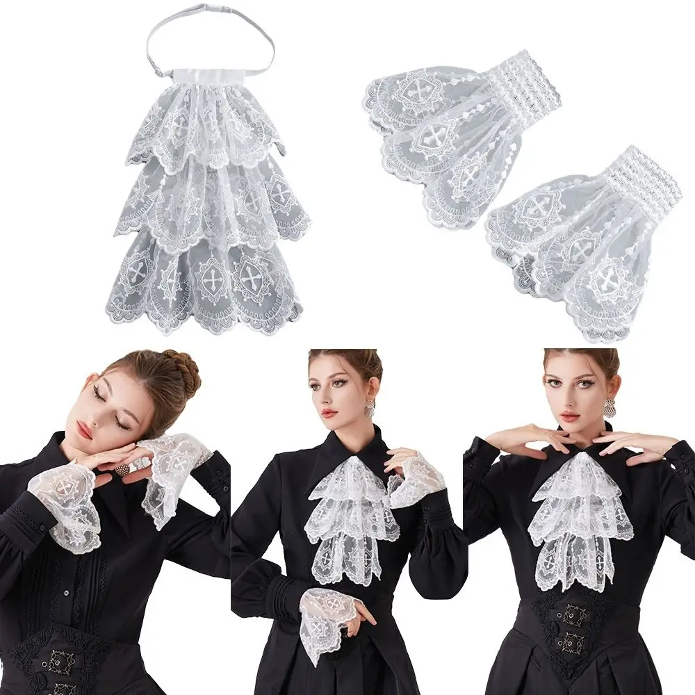 

Victorian Style Lace Jabot Collar White Cosplay Accessory Wrist Cuffs Sleeves Detachable Decorative Neck Collar